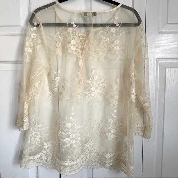 Vintage America Blues Womens Mona Embroidered Mesh Top Lace Up Sz L Sheer Lace - Picture 2 of 9